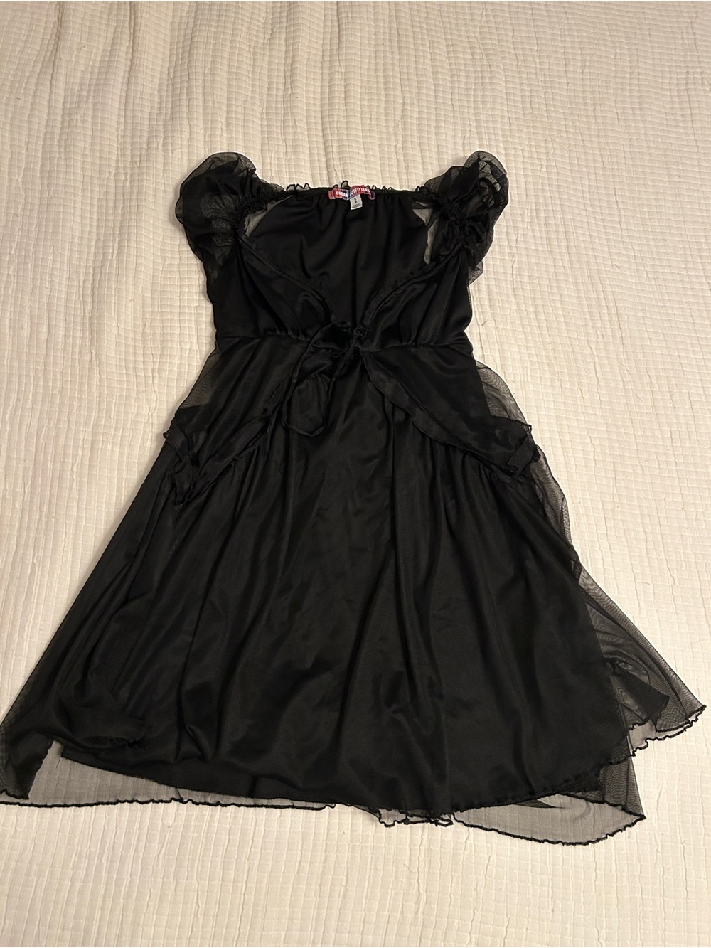 Urban Outfitters Black Sheer Overlay Baby Doll Mini Dress with Tie Waist